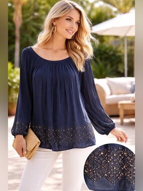 Kay Celine Navy Boho Beaded Blouse Diamond Lattice Embroidery Peasant Top Size L